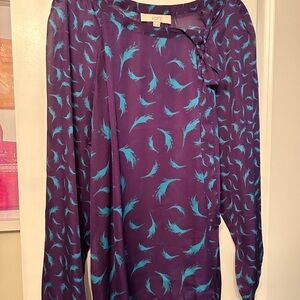 LOFT Purple and Teal Feather Print Blouse